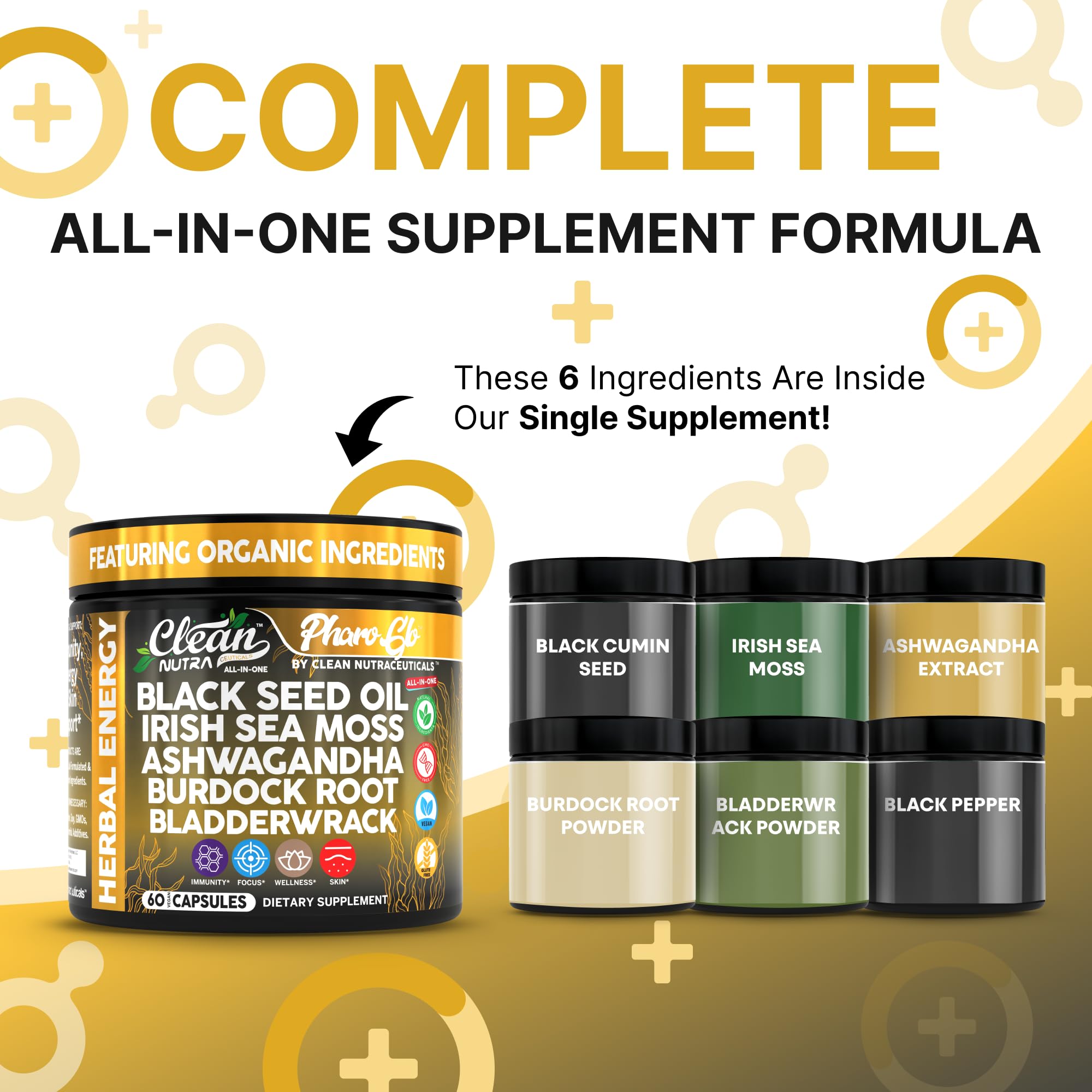 Sea moss and black seed oil capsules with ashwagandha and burdock ingredients