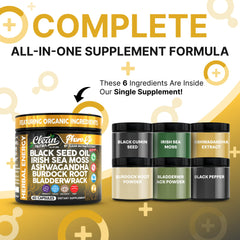 Sea moss and black seed oil capsules with ashwagandha and burdock ingredients