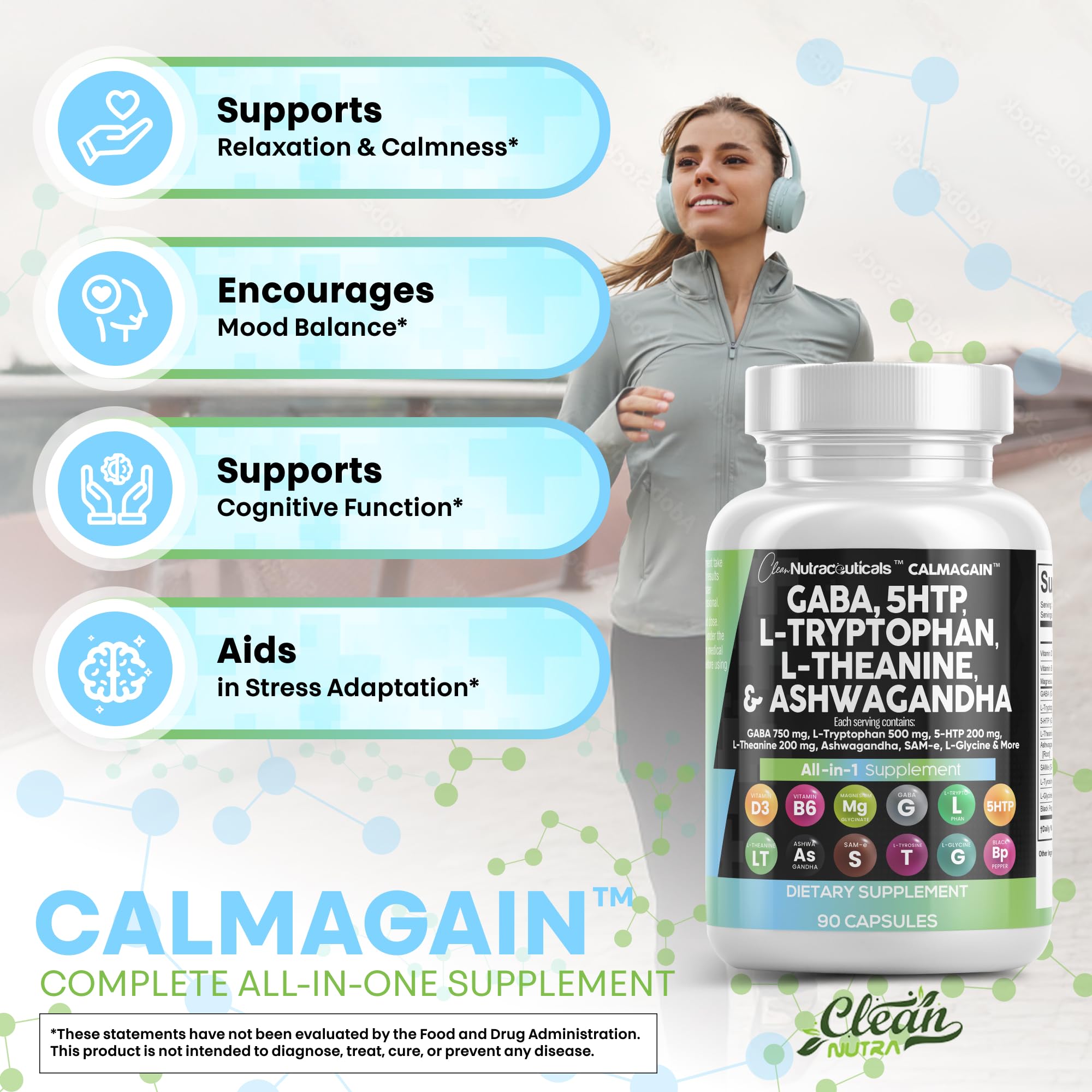 Ingredients list highlighting GABA, L-Theanine, 5-HTP, Ashwagandha