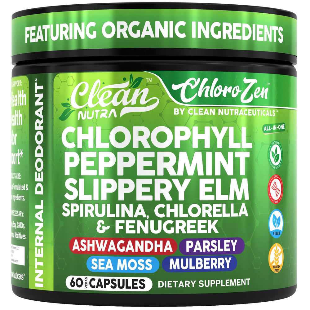 Bottle of Clean Nutra Chlorophyll Peppermint vegan capsules