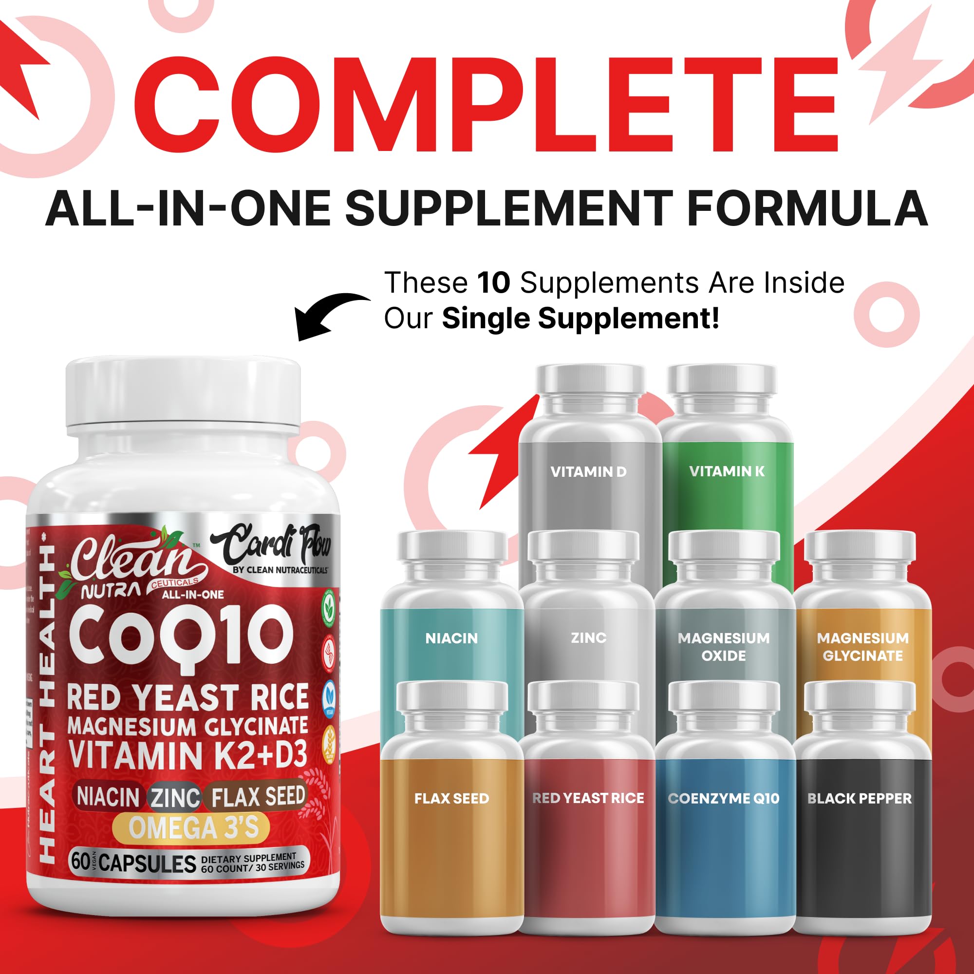 All-in-one formula ingredients: CoQ10, Red Yeast Rice, Magnesium Glycinate, Vitamin K2 and D3