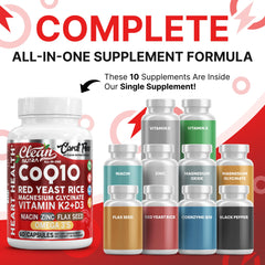 All-in-one formula ingredients: CoQ10, Red Yeast Rice, Magnesium Glycinate, Vitamin K2 and D3