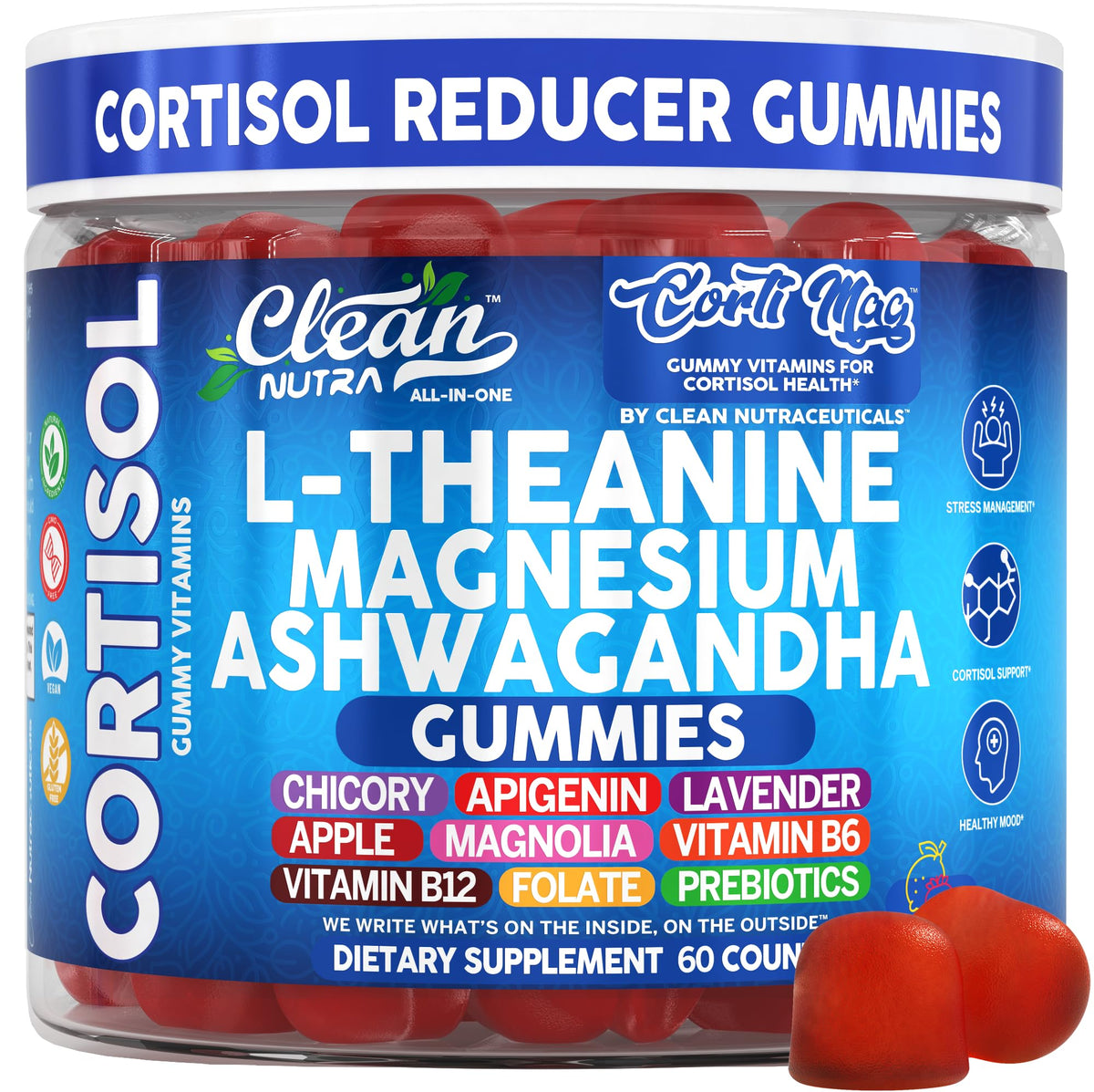 Bottle of Clean Nutra Cortisol Gummies with L-Theanine and Magnesium