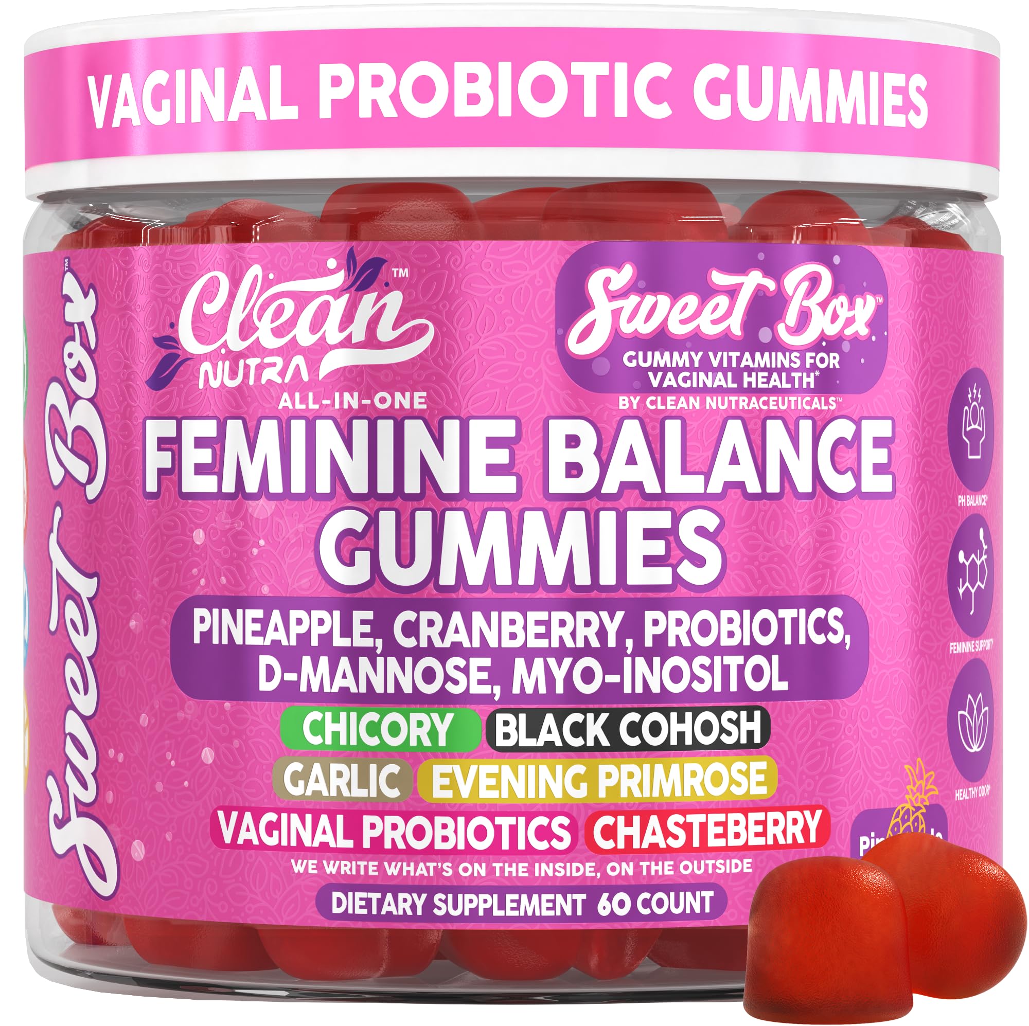Bottled Clean Nutra Sweet Box Feminine Balance Gummies on white background