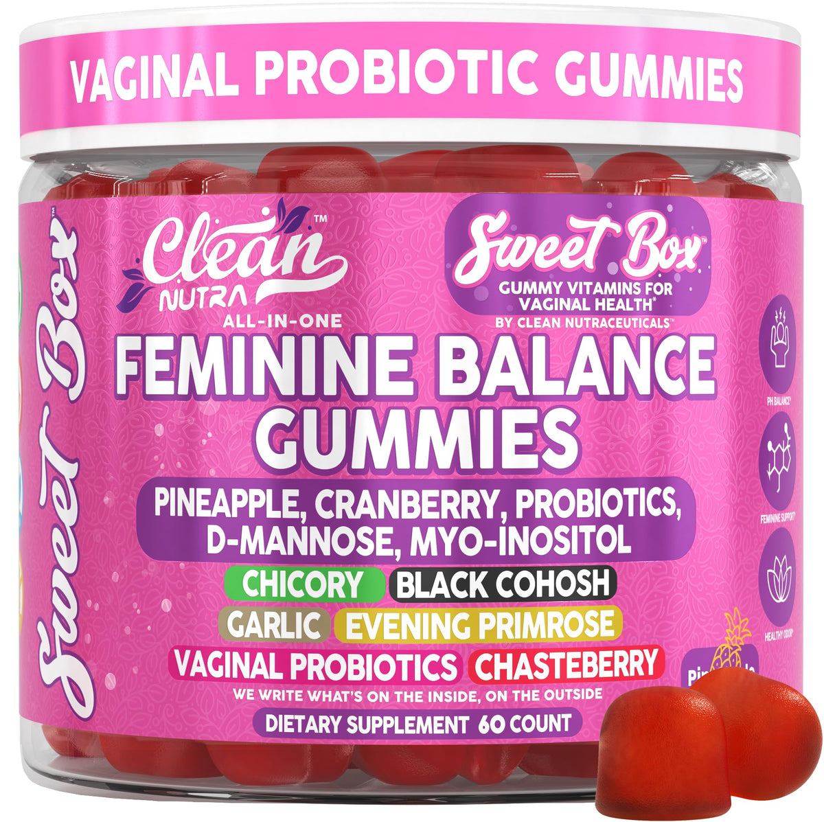 Bottled Clean Nutra Sweet Box Feminine Balance Gummies on white background