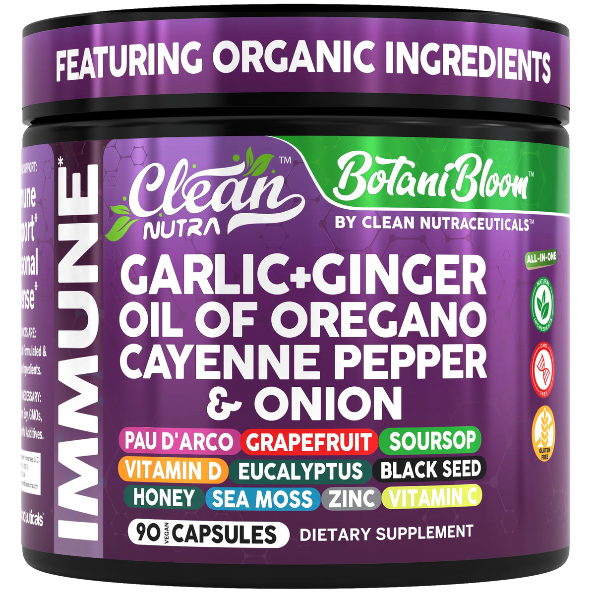 Bottle of Clean Nutra 90 vegan capsules with label detailing ingredients