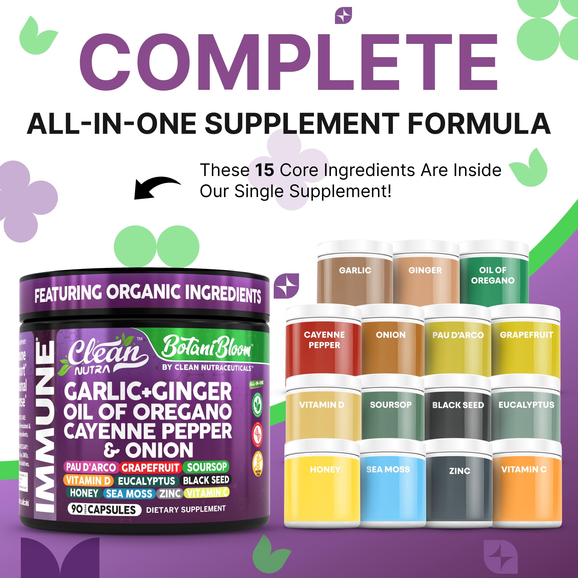 Close-up of product label featuring garlic, ginger, oregano oil and cayenne