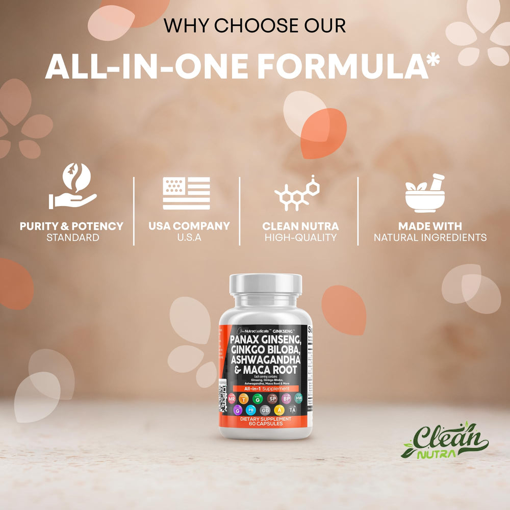 Ingredients panel highlighting ginseng ginkgo biloba and ashwagandha