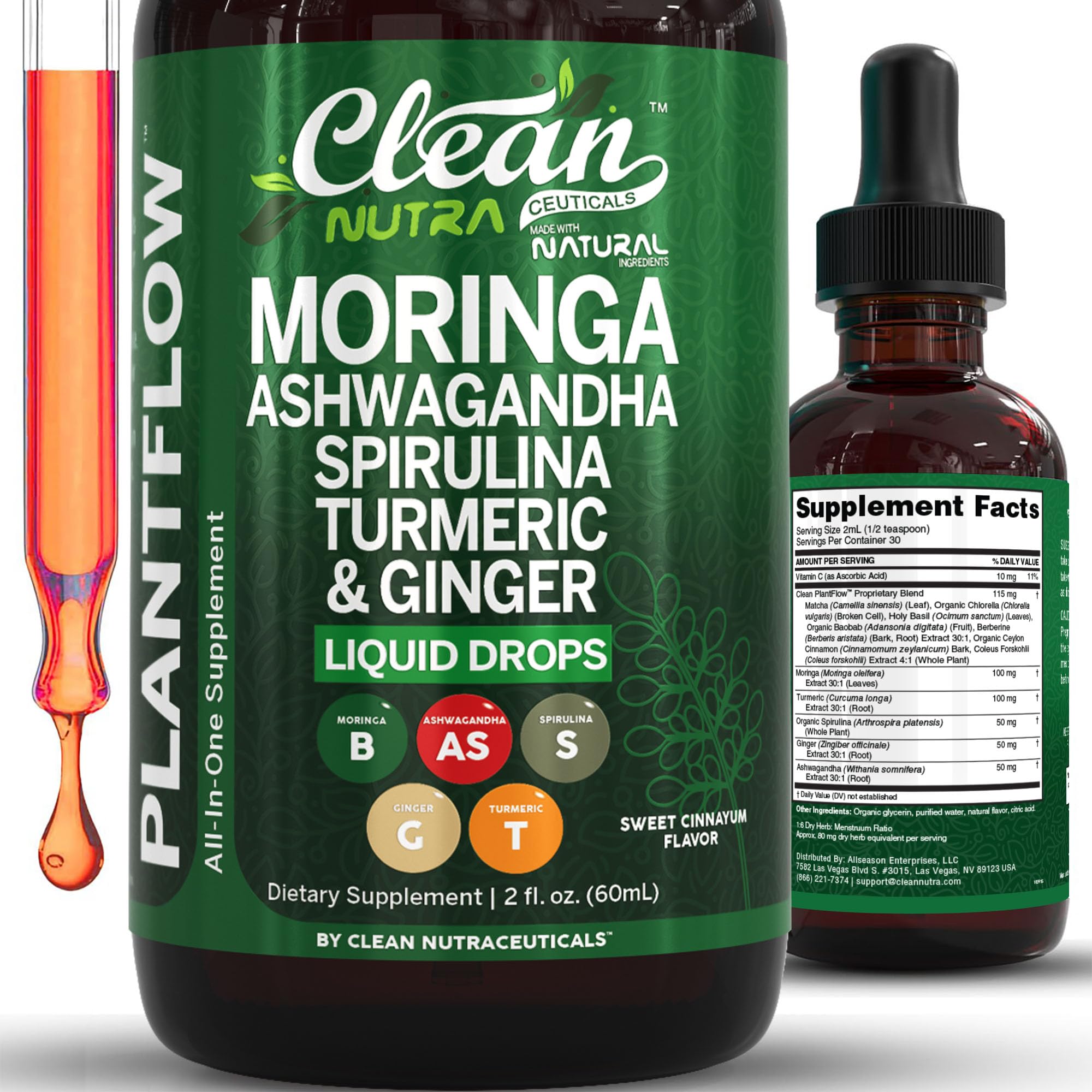 Bottle of Clean Nutra Moringa Drops with moringa, ashwagandha, spirulina and chlorella