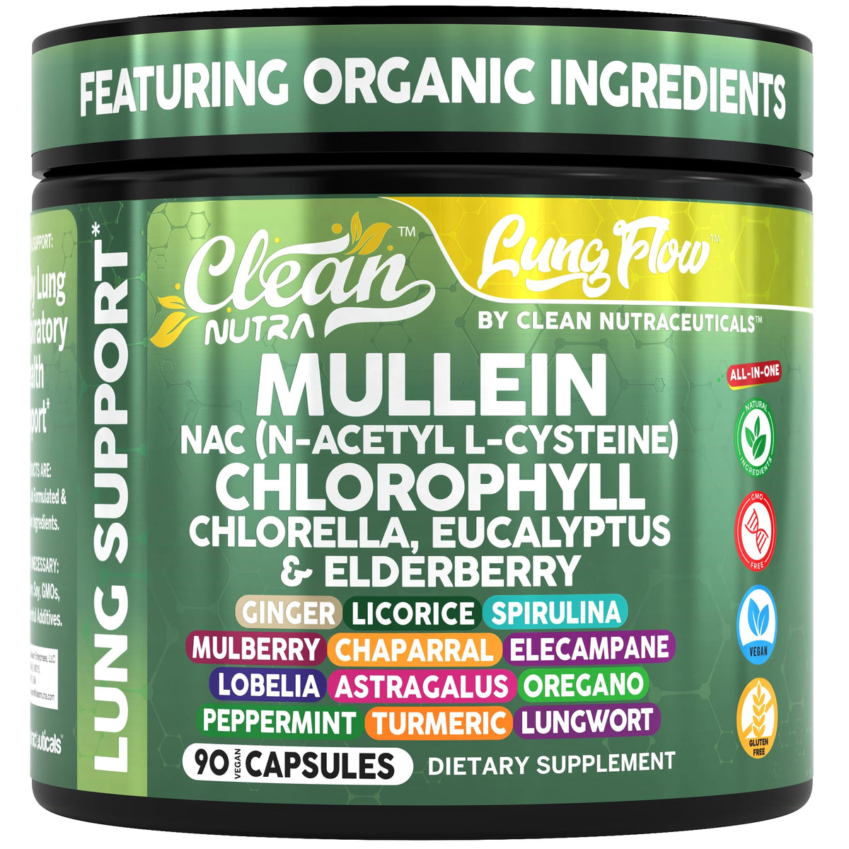 Product bottle with mullein leaf extract and lung support ingredients