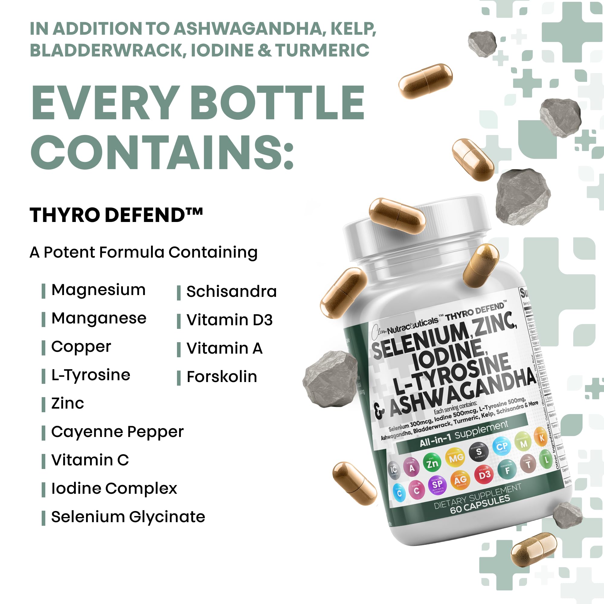 Ashwagandha and thyroid health boosters in capsule form