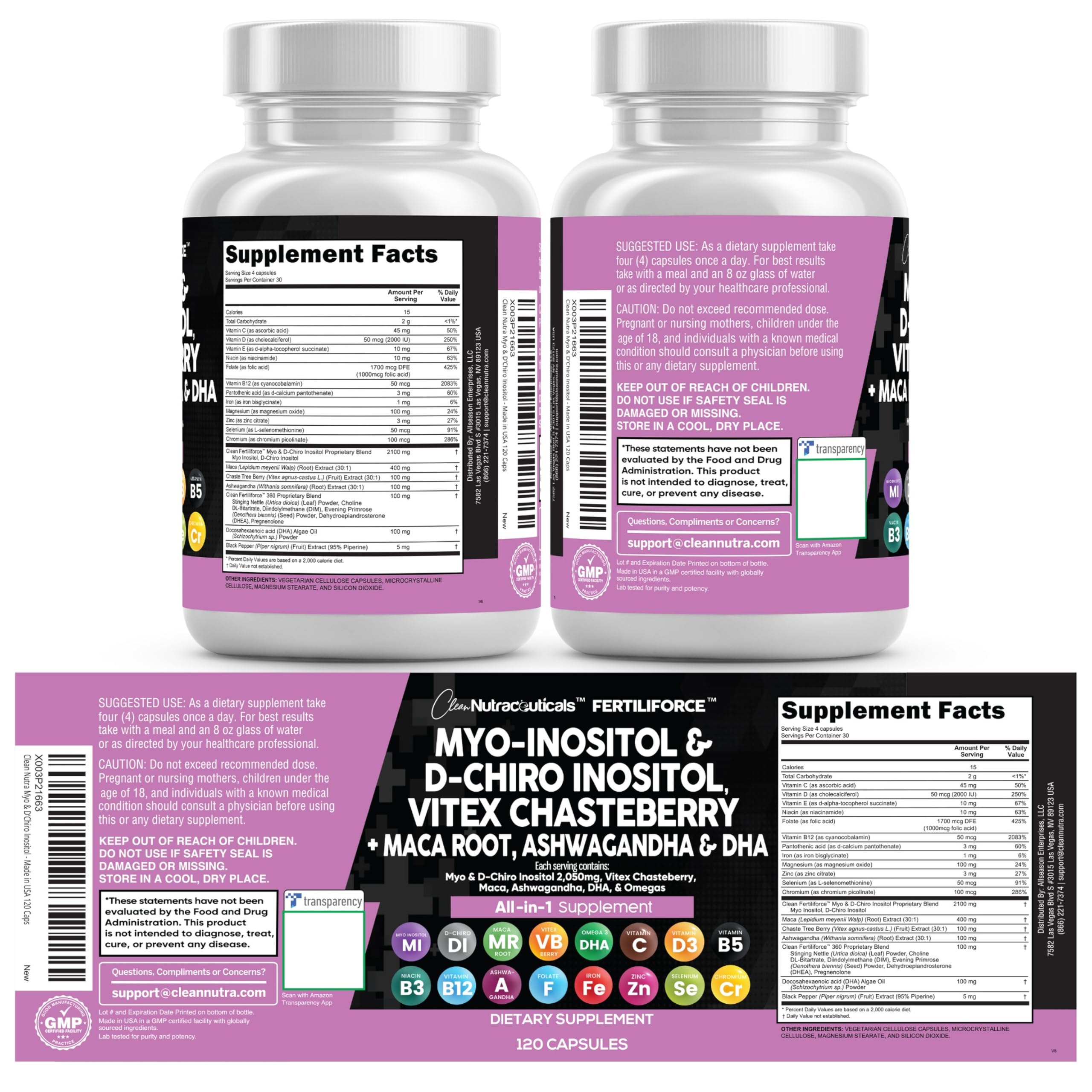 Clean Nutraceuticals open bottle with 120 capsules showing one‑month supply