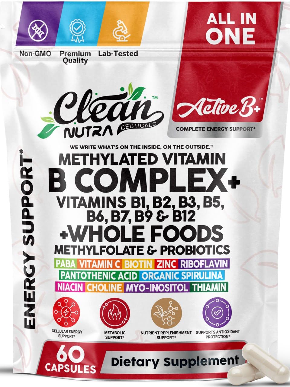 Clean Nutraceuticals bottle front view showing Active B+ label and benefits