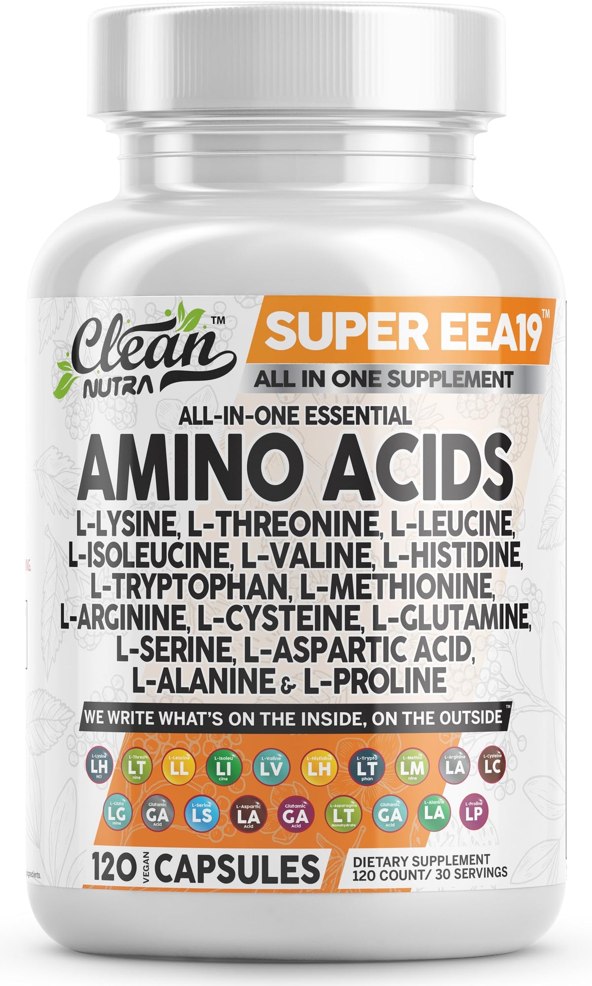 Bottle of Clean Nutraceuticals amino acids supplement with L-Lysine and essential amino acids