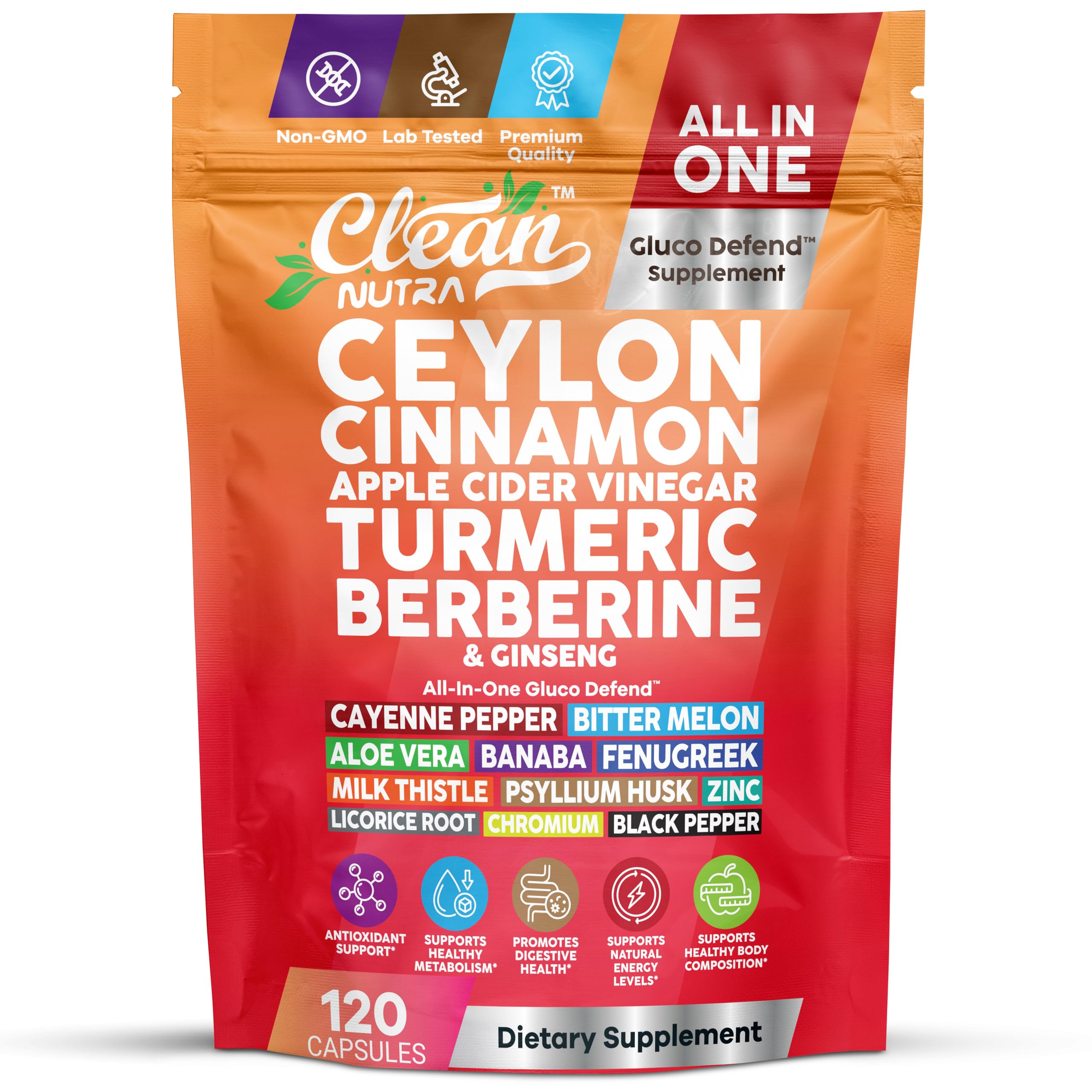 Bottle of Clean Nutraceuticals Ceylon Cinnamon capsules with Apple Cider Vinegar capsules