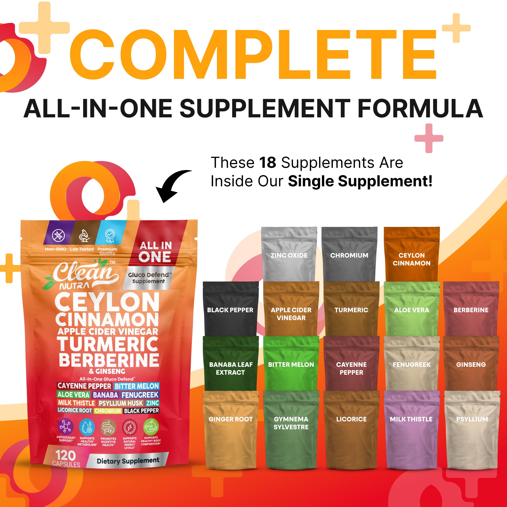 Ceylon cinnamon, berberine, turmeric and ginseng capsules arranged