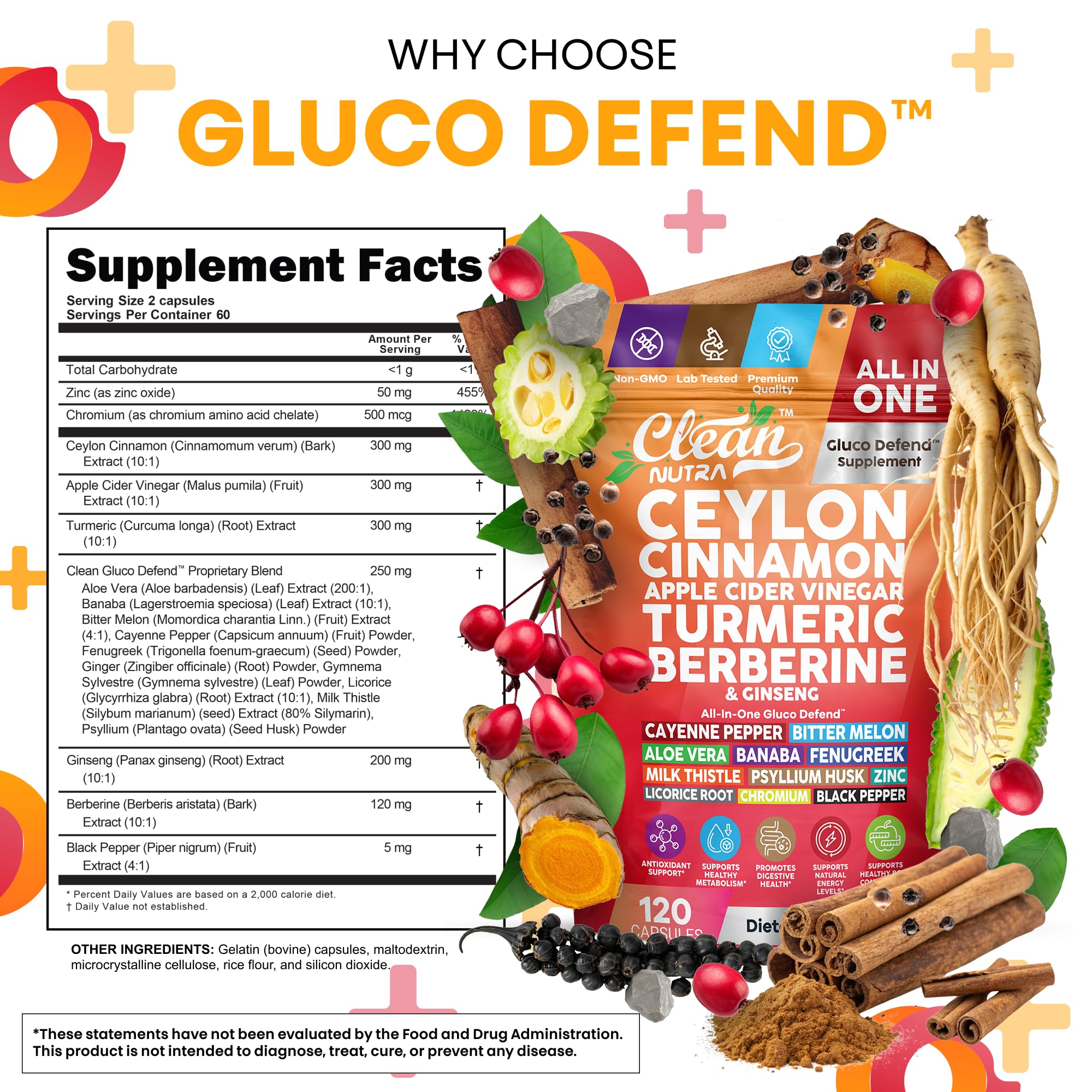 Gluco Defend 16-in-1 supplement bottle label and ingredients collage