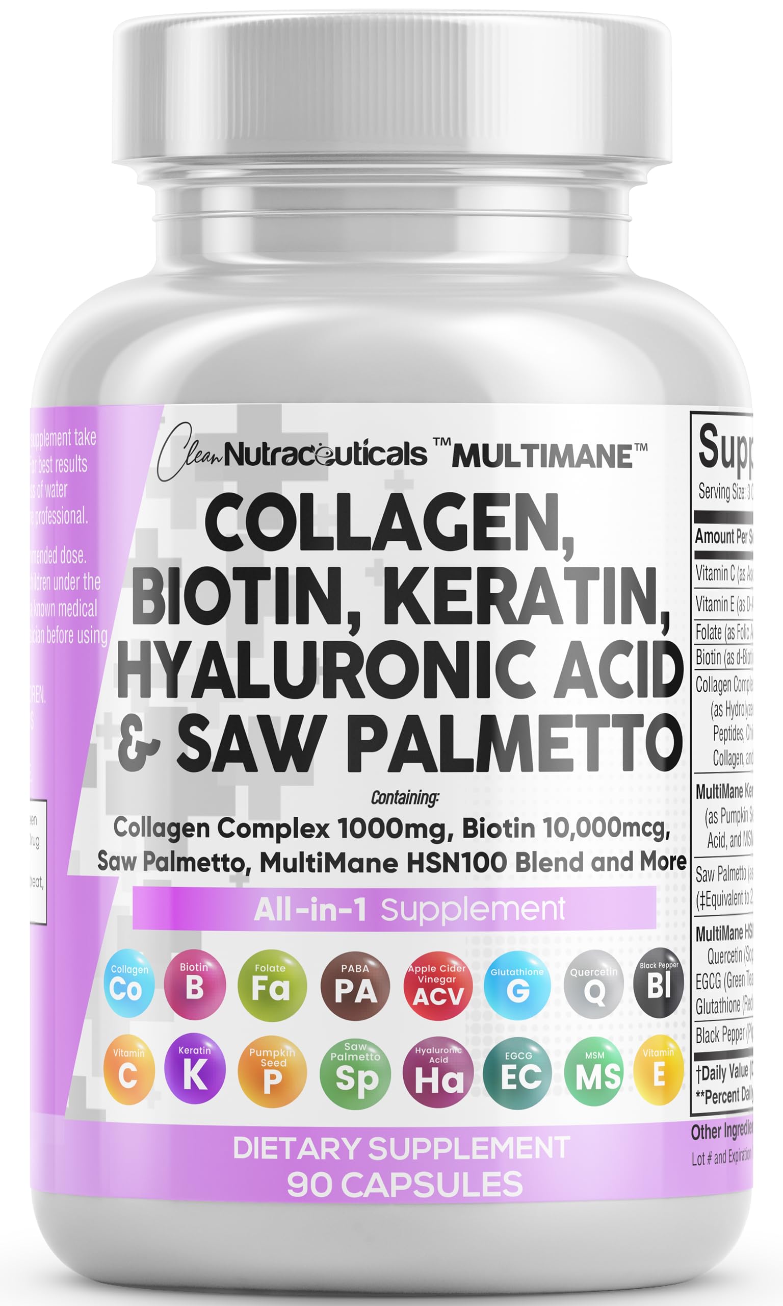 Bottle of Clean Nutraceuticals MultiMane Collagen Pills 90-count