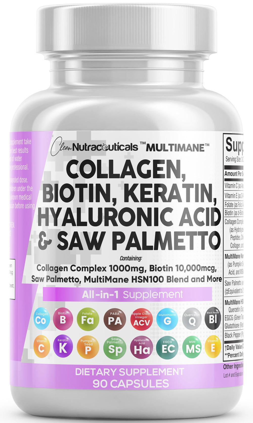 Bottle of Clean Nutraceuticals MultiMane Collagen Pills 90-count
