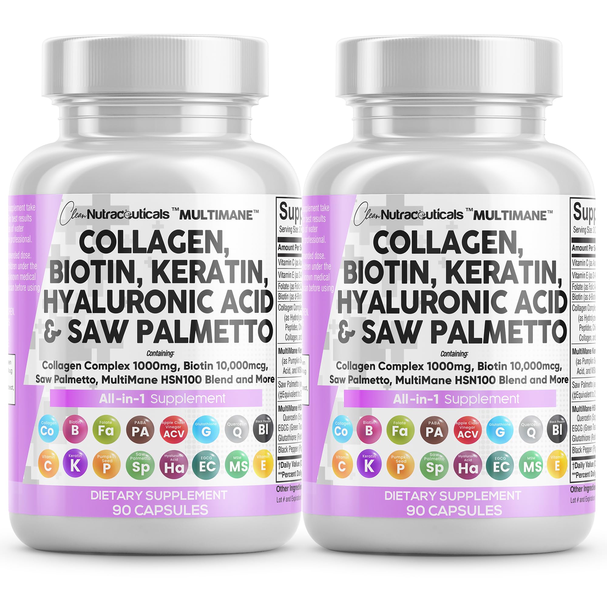 Bottle of Clean Nutraceuticals collagen pills with 1000mg and Biotin 10000mcg on label