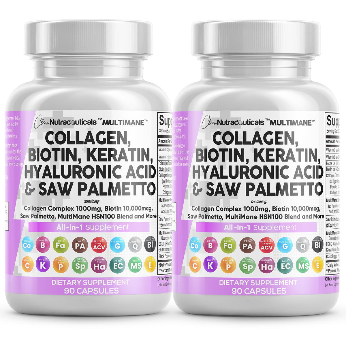 Bottle of Clean Nutraceuticals collagen pills with 1000mg and Biotin 10000mcg on label