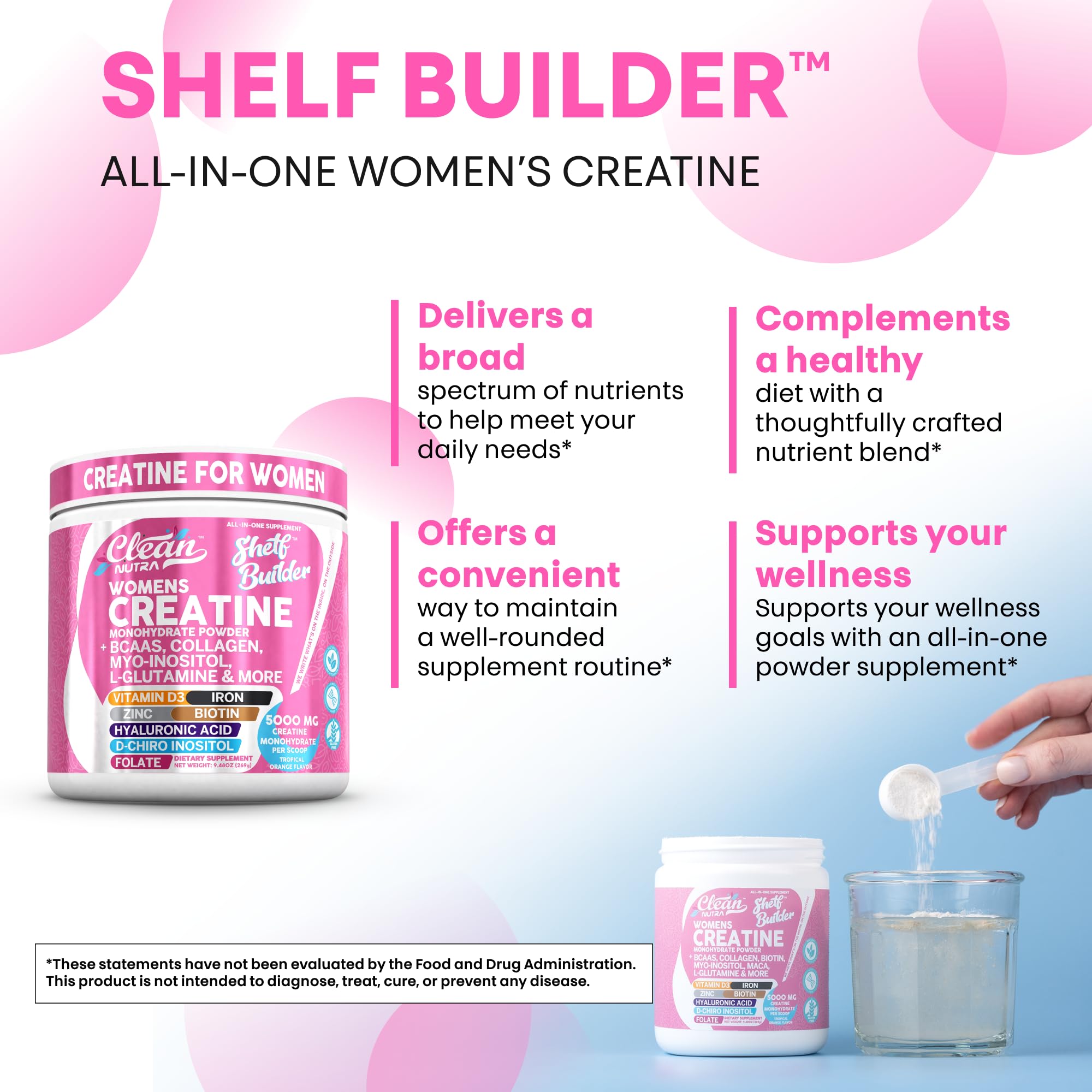 Clean Nutraceuticals Creatine for Women glass with powder for easy mixing