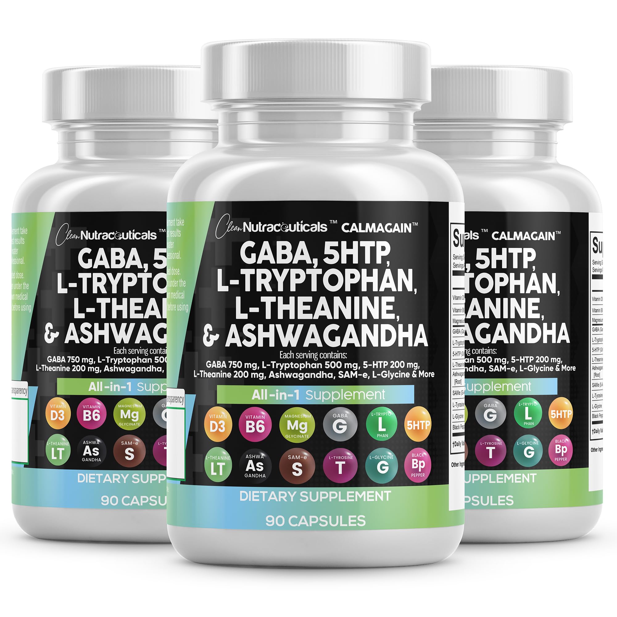 Bottle label showing Clean Nutraceuticals GABA 750mg and 5-HTP 200mg