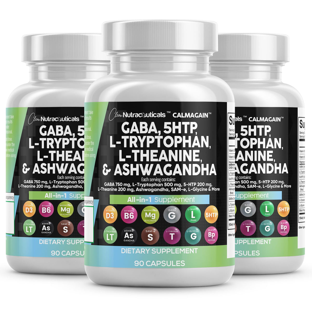 Bottle label showing Clean Nutraceuticals GABA 750mg and 5-HTP 200mg
