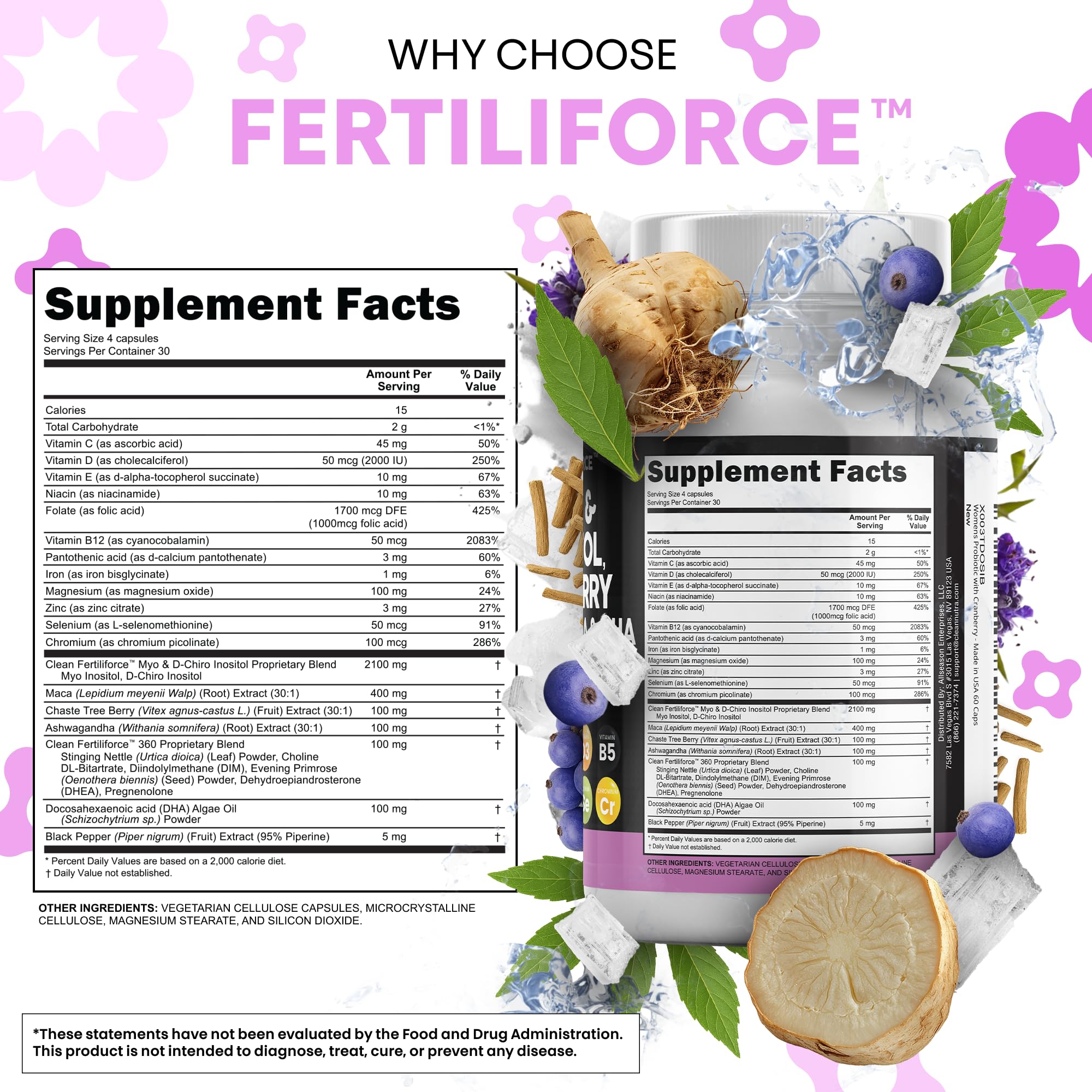 Back label ingredient panel of Clean Nutraceuticals showing vitamins and botanicals
