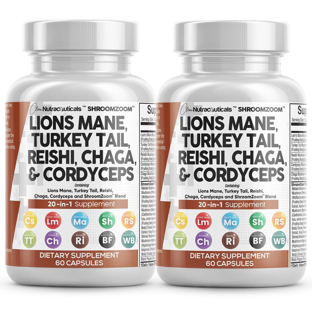 Product bottle label for Clean Nutraceuticals Lions Mane 20in1 2Pack