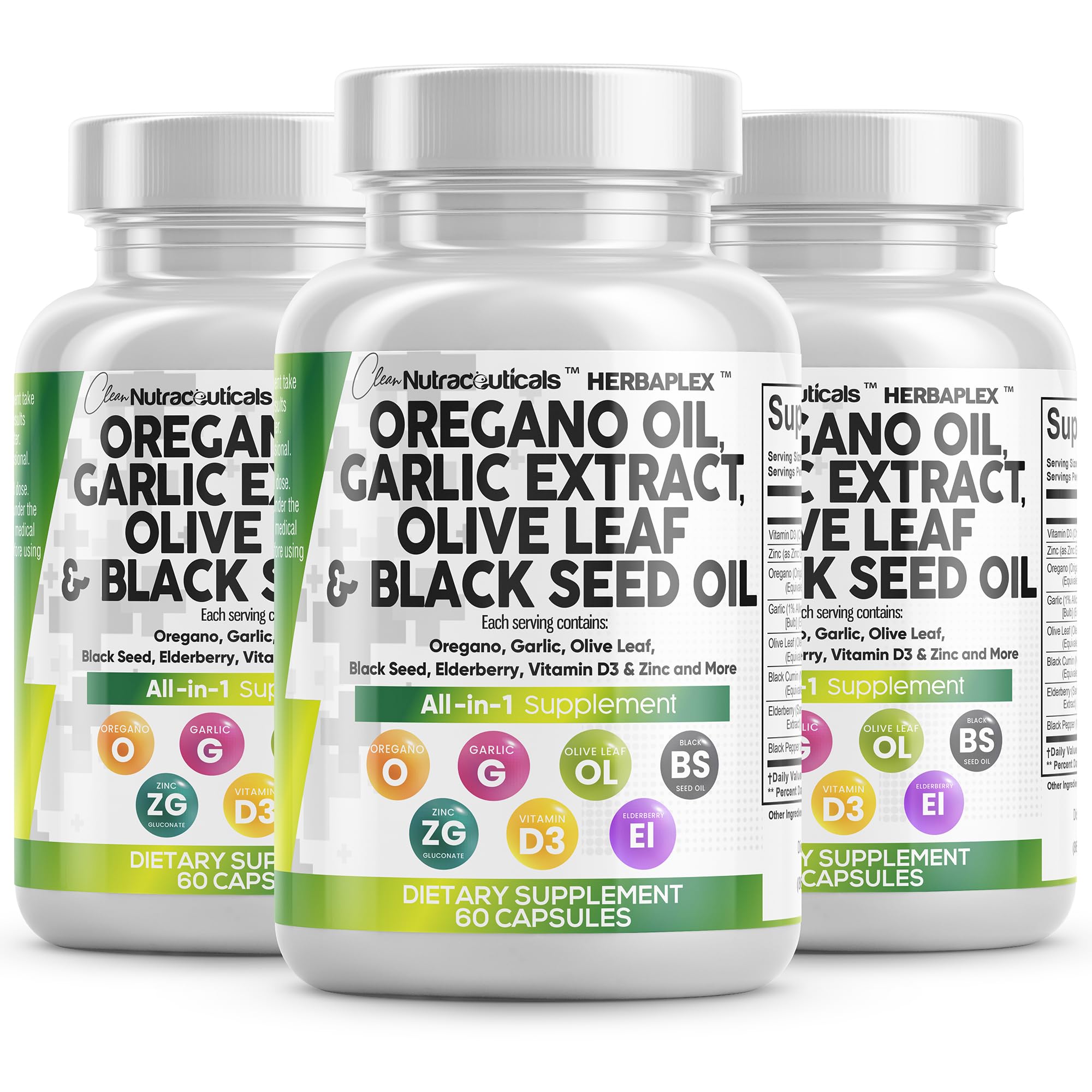 Clean Nutraceuticals oregano oil garlic extract olive leaf black seed oil bottle – front view