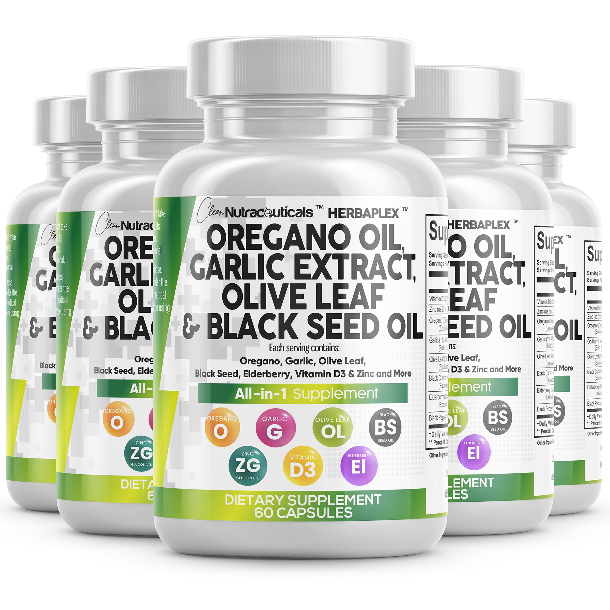 Bottle of Clean Nutraceuticals oregano oil and garlic extract with olive leaf, black seed, and elderberry - front view