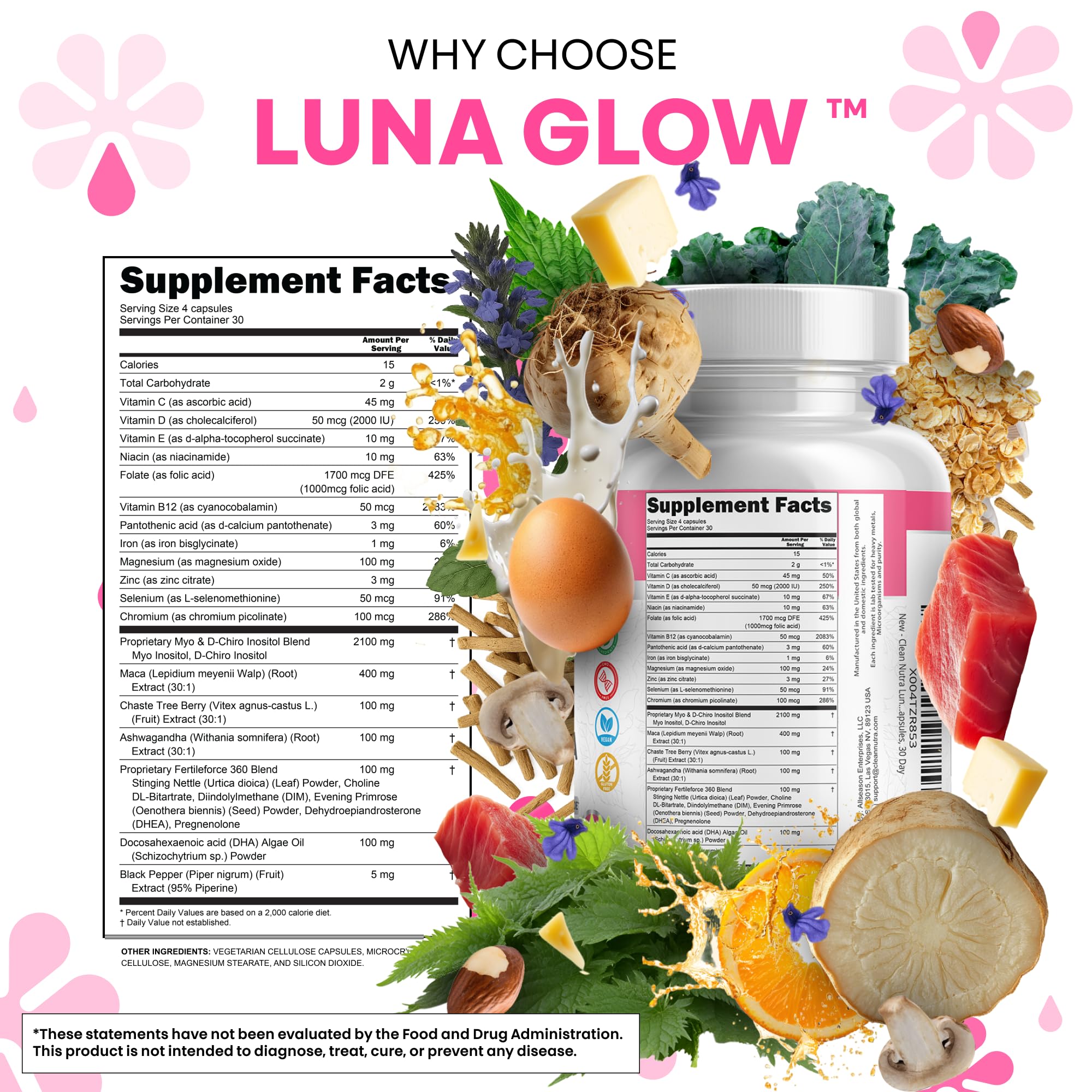 Clean Nutraceuticals capsules with measured serving showing four-capsule daily dose