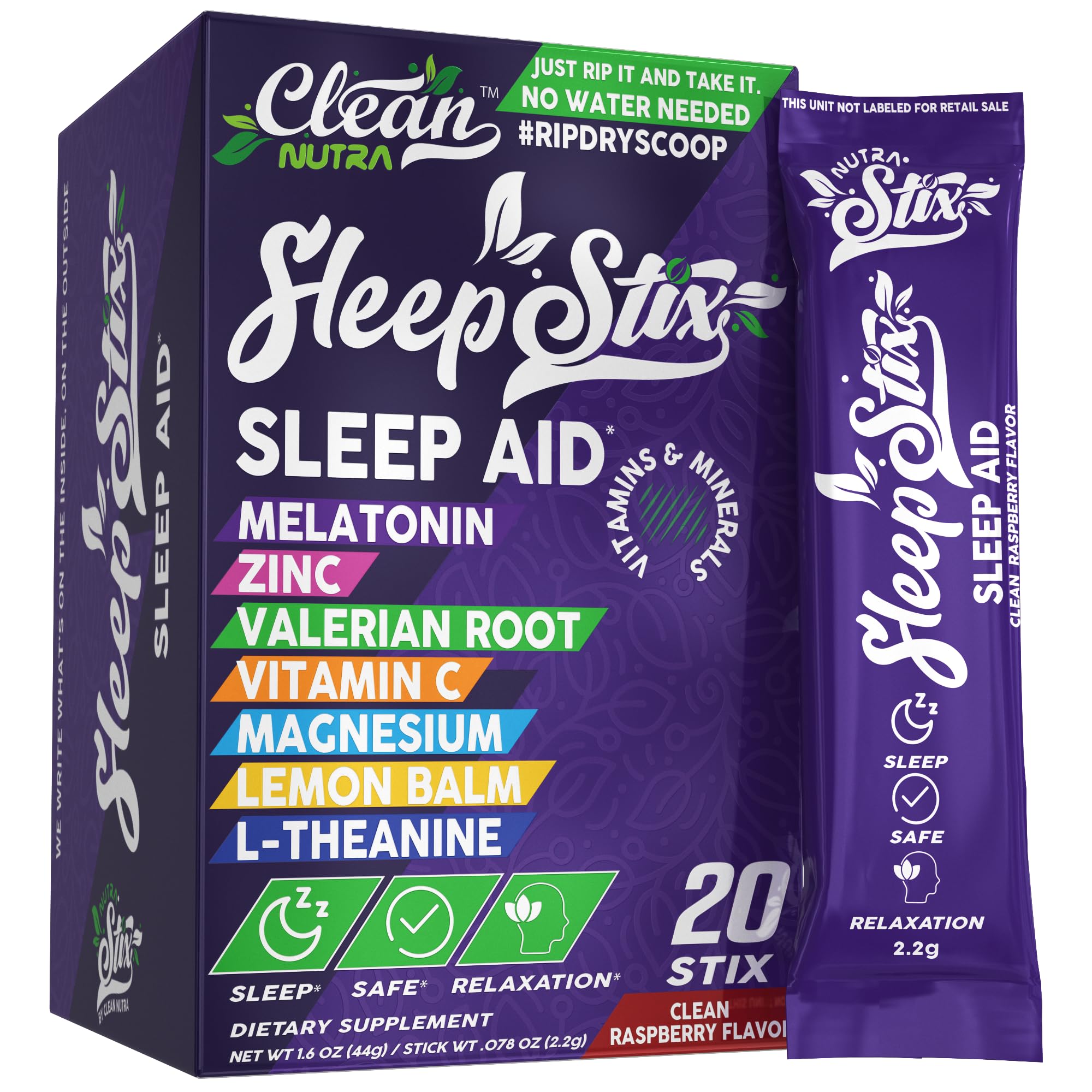 Clean Nutraceuticals front packaging showing box of 20 sleep stix for convenience