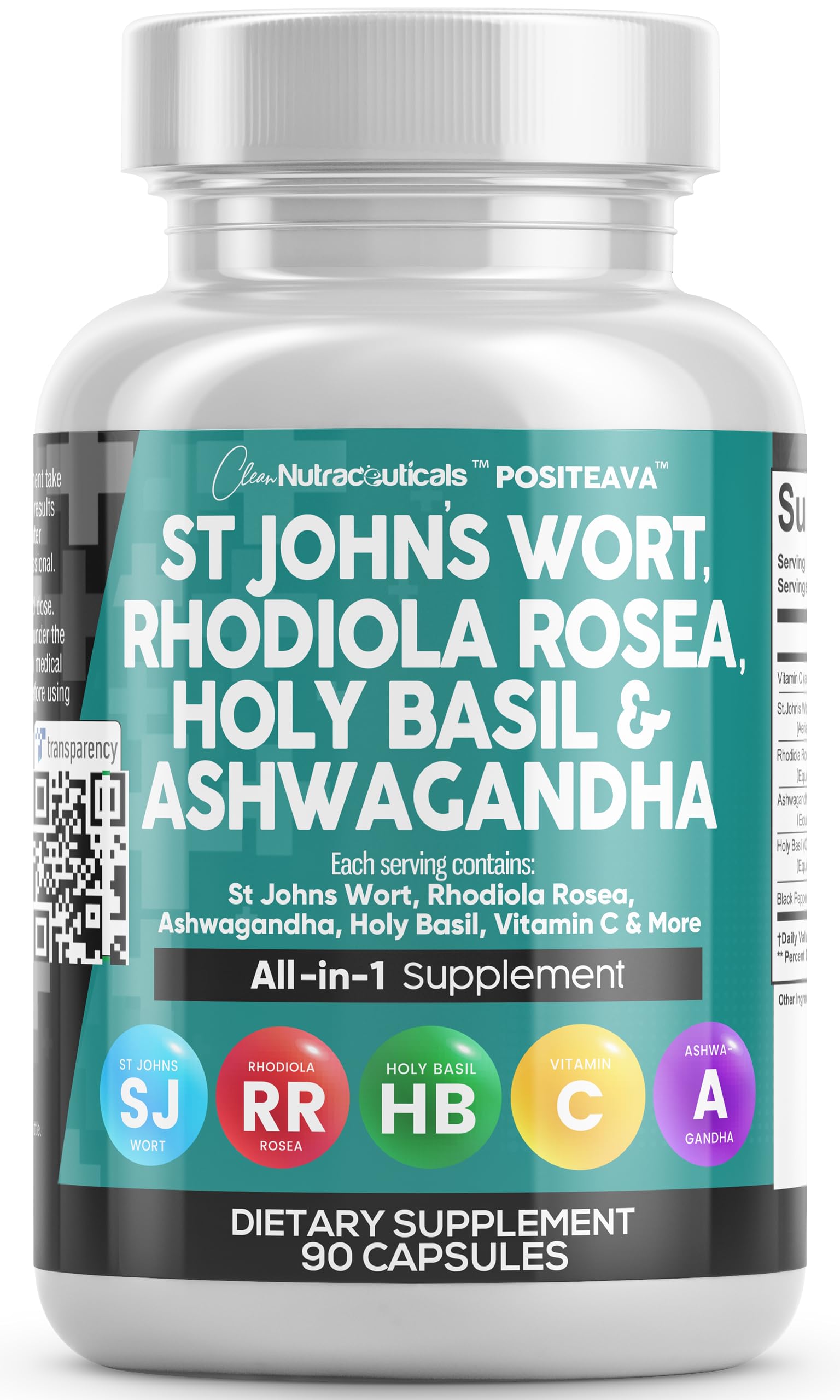 Front label of Clean Nutraceuticals Mood Support supplement showing St John's Wort, Rhodiola, Holy Basil and Ashwagandha