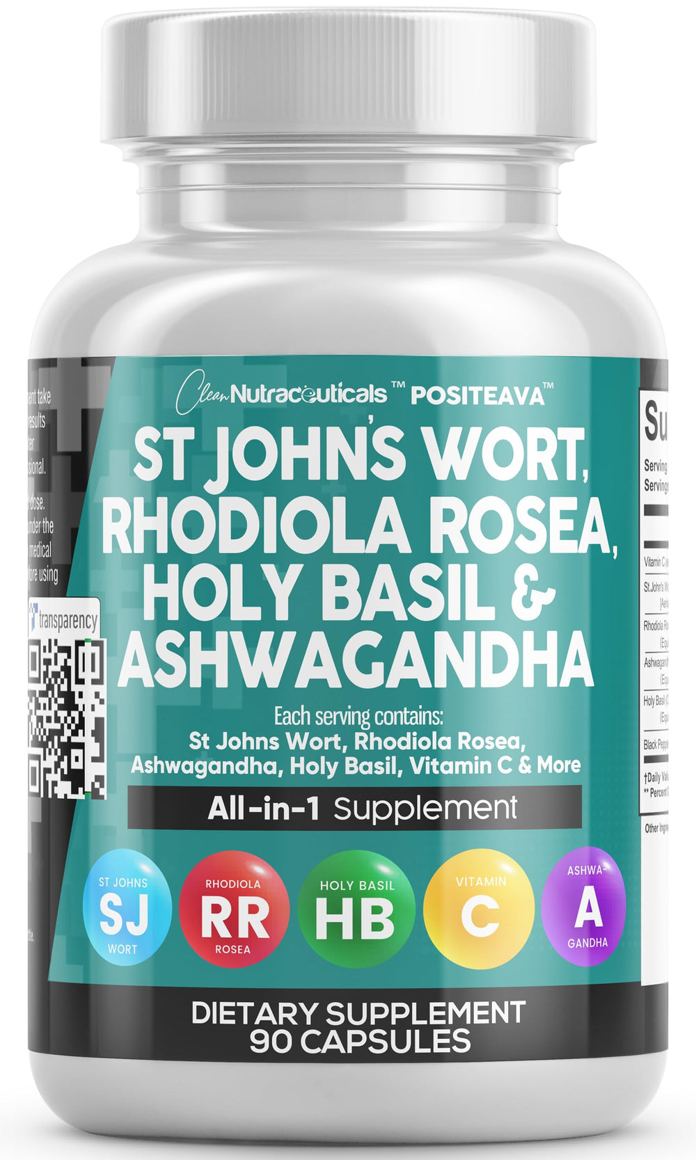 Front label of Clean Nutraceuticals Mood Support supplement showing St John's Wort, Rhodiola, Holy Basil and Ashwagandha