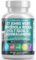 Front label of Clean Nutraceuticals Mood Support supplement showing St John's Wort, Rhodiola, Holy Basil and Ashwagandha