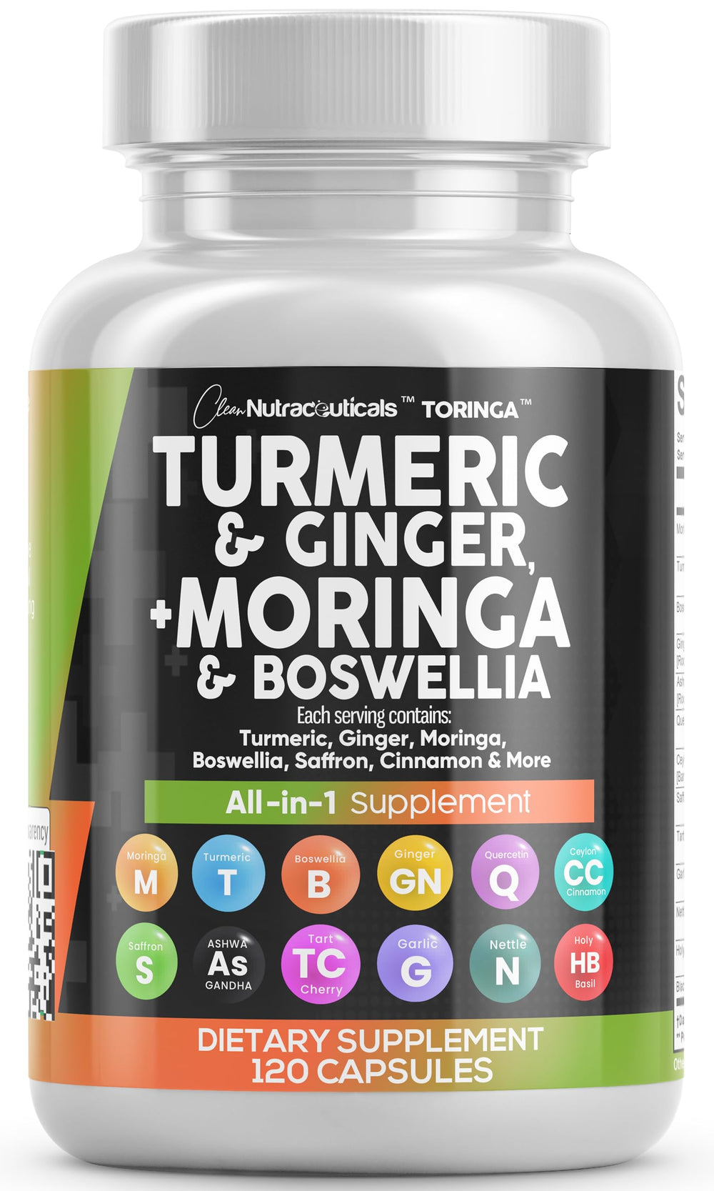 Front view of Clean Nutraceuticals Turmeric Moringa all-in-one supplement bottle, 1 pack
