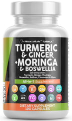 Front view of Clean Nutraceuticals Turmeric Moringa all-in-one supplement bottle, 1 pack