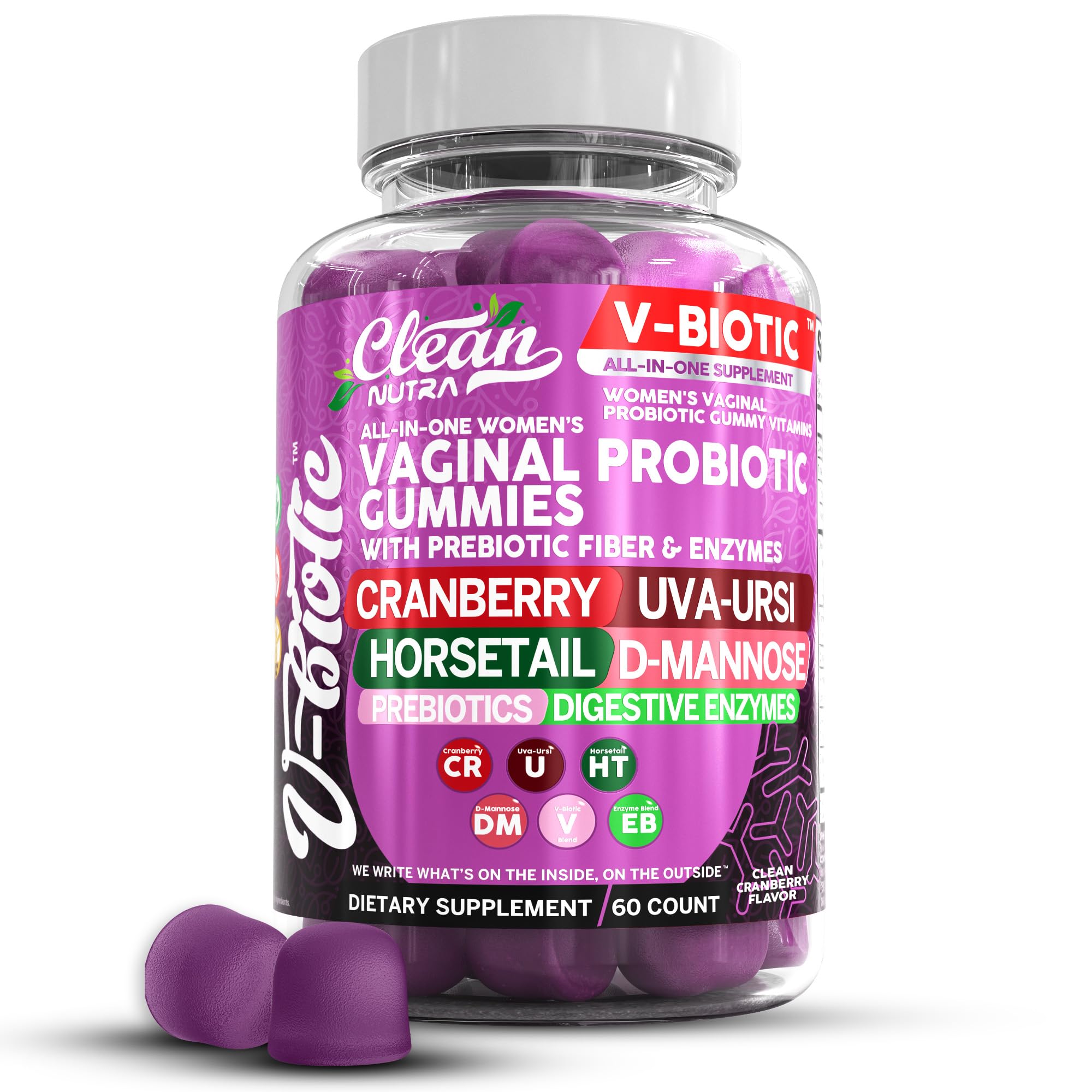 Bottle of Clean Nutraceuticals Vaginal Probiotics Gummies on a clean background