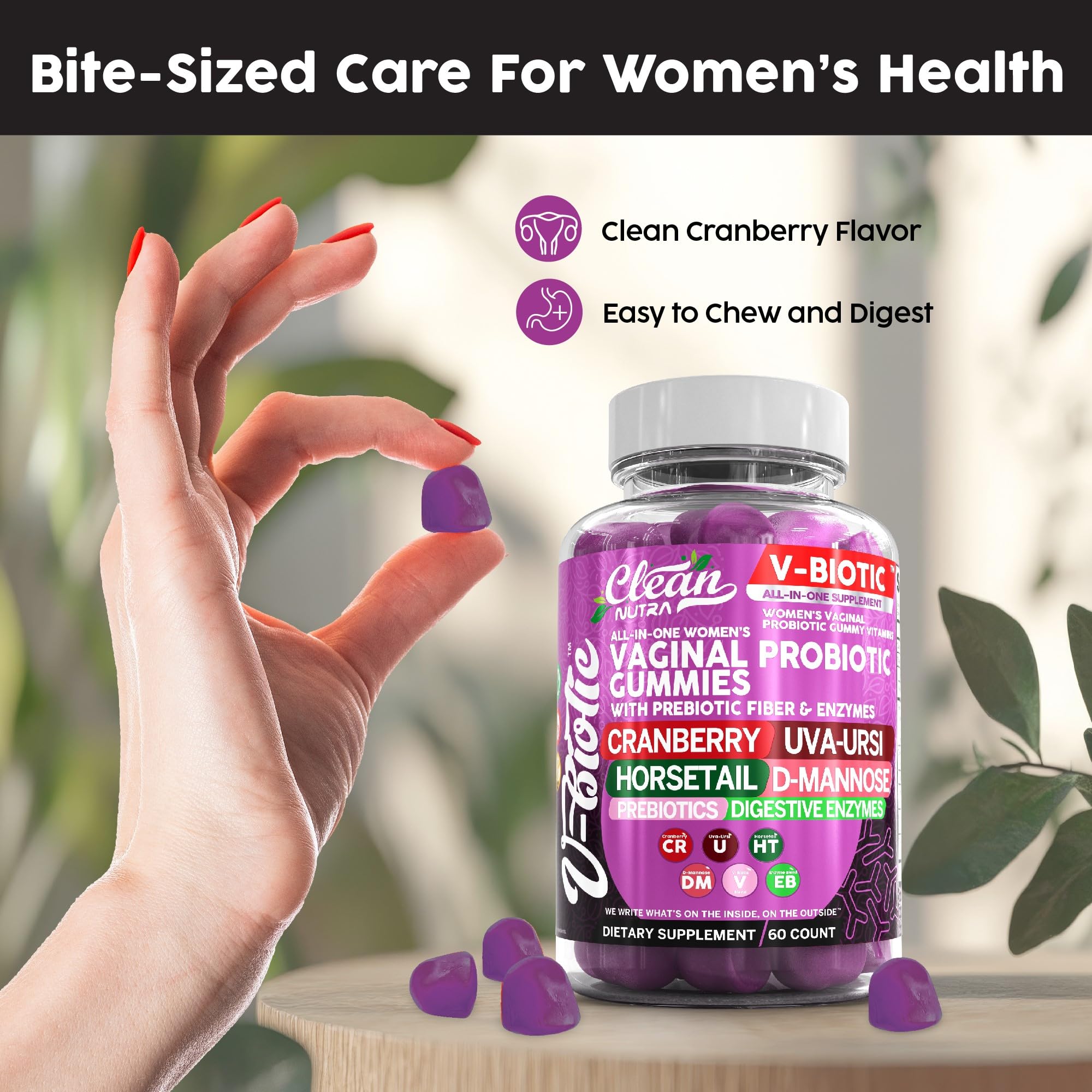 Herbal ingredients including UVA Ursi, horsetail, and cranberry in supplement form