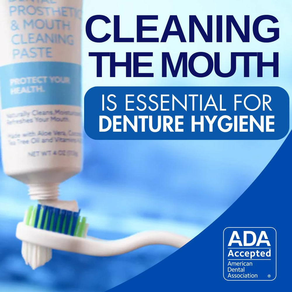 Close-up of Cleanadent toothpaste being applied to a denture