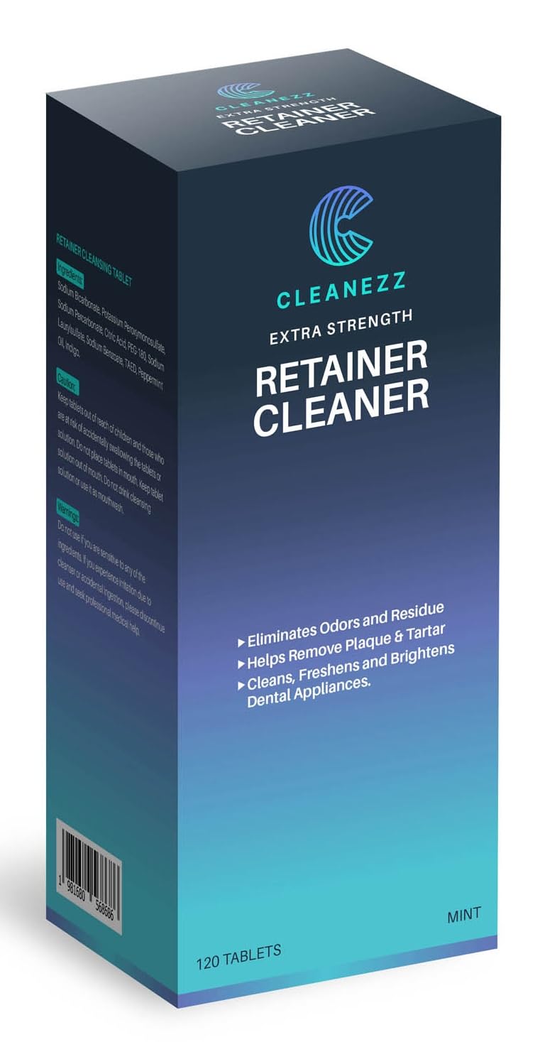 Dissolving Cleanezz tablet cleans Invisalign, retainers, dentures, and mouth guards