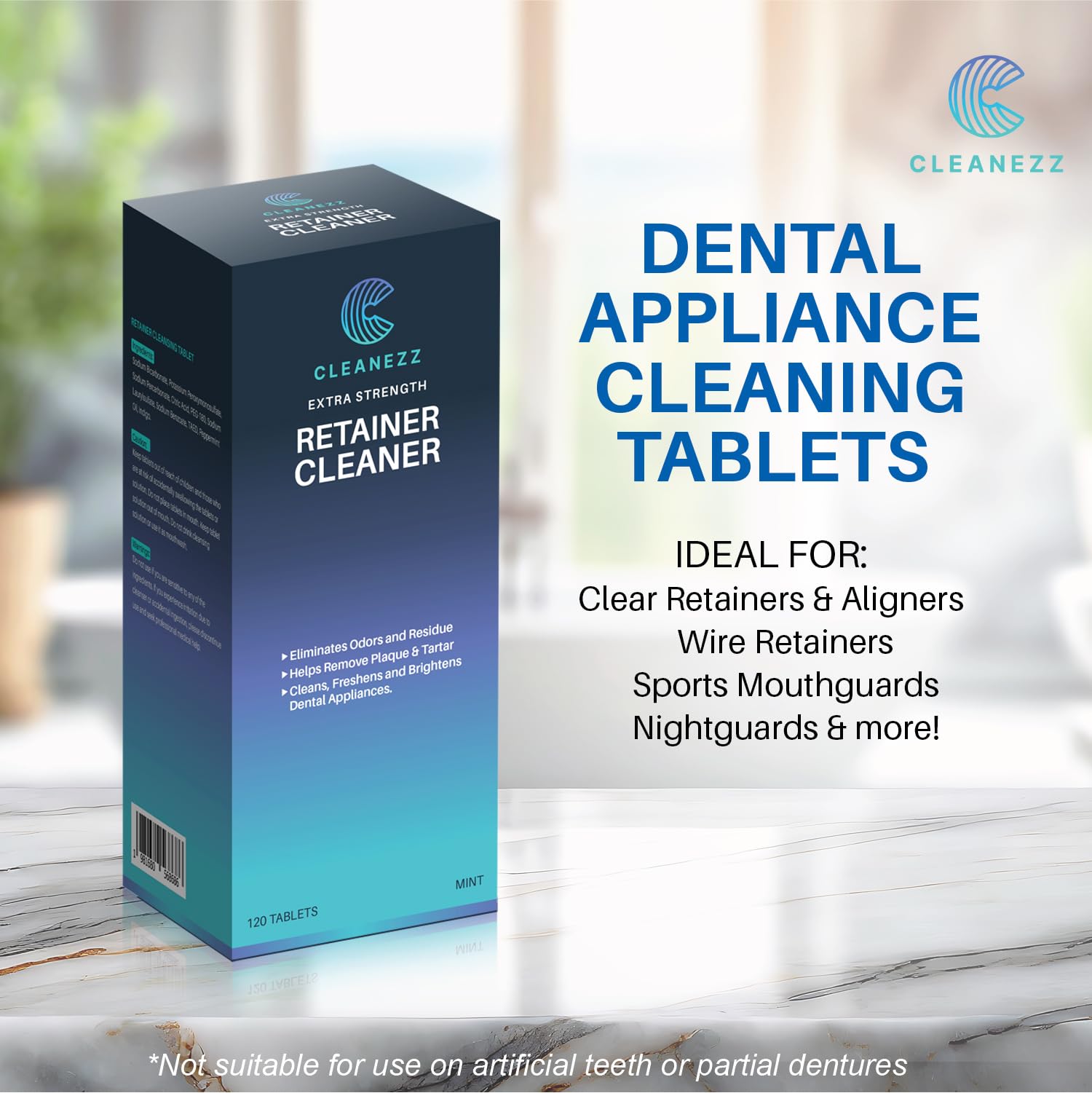 Tablet formula removes discoloration from dental appliances