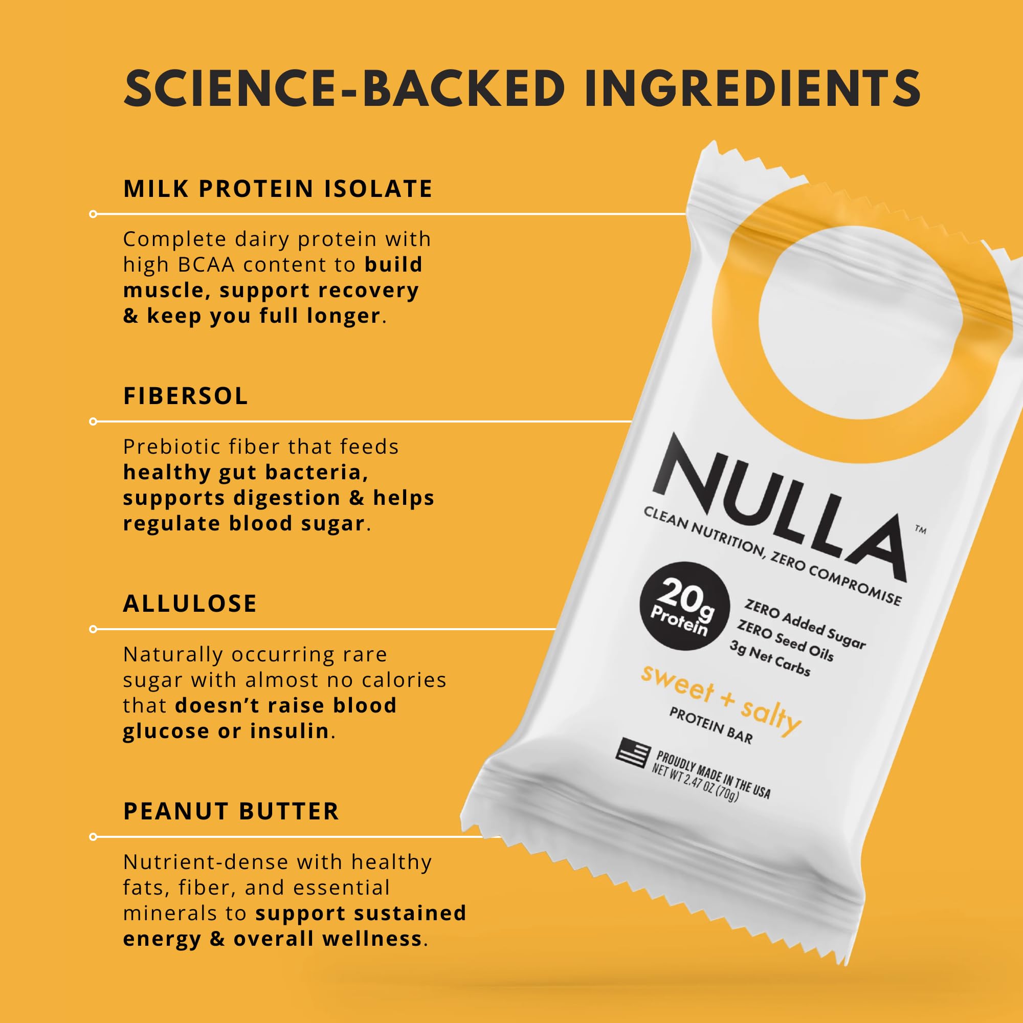 CleanForm Nulla Bar monk-fruit-sweetener image signals naturally sweetened, low-glycemic option.