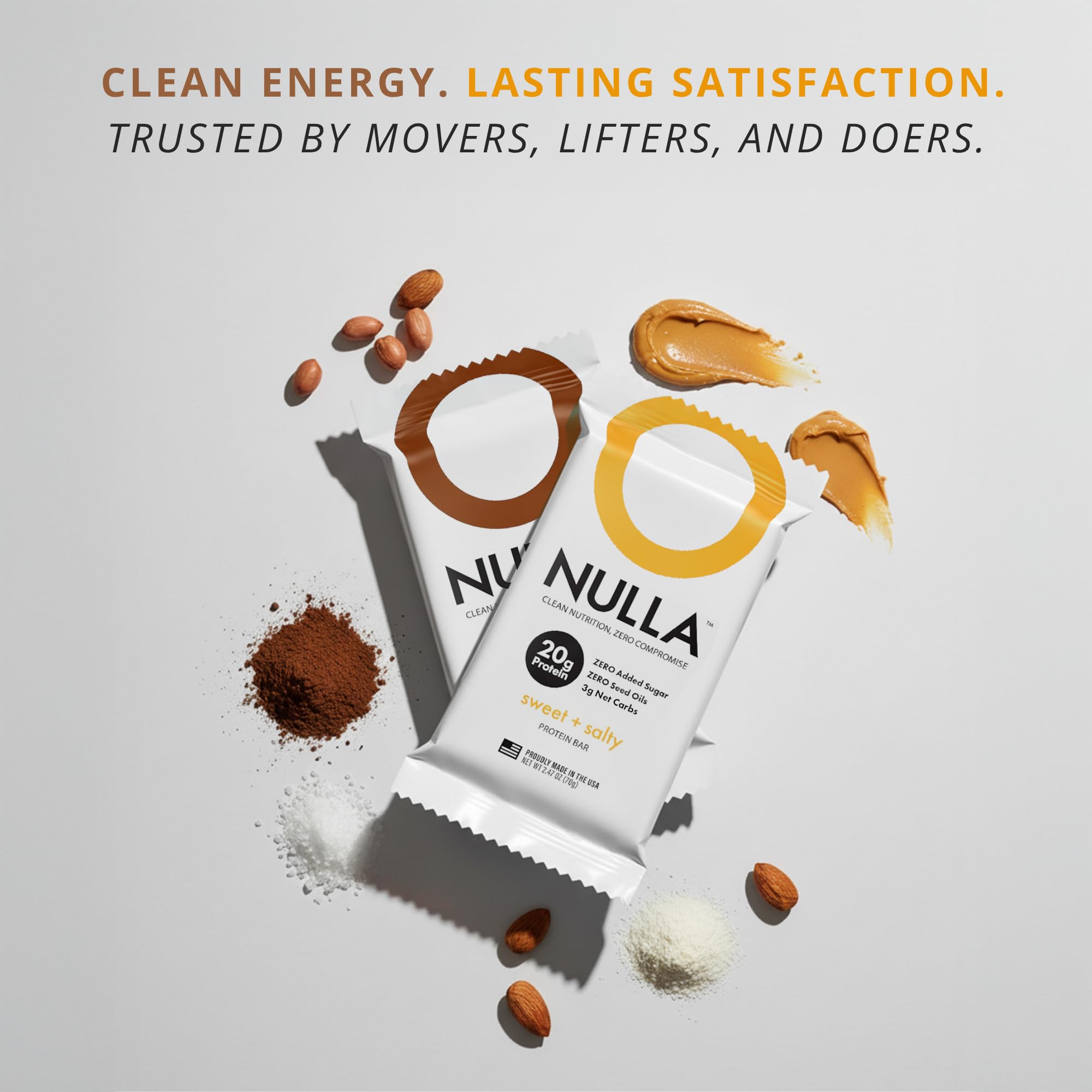 CleanForm Nulla Bar on-the-go-snack image encourages convenient protein snack anytime.