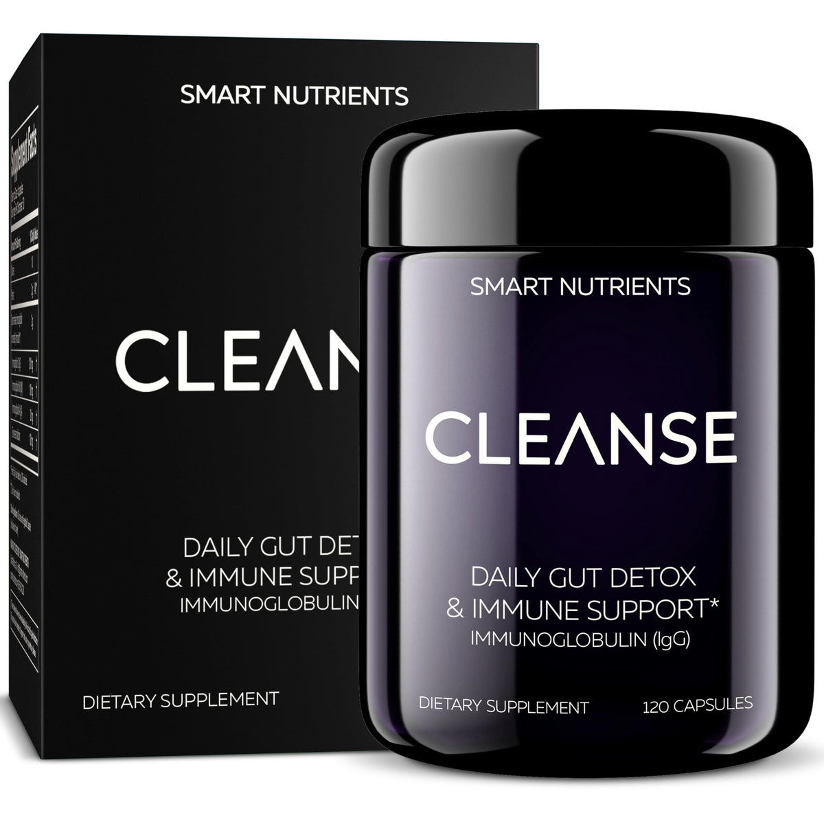 CLEANSE Limited Edition IgG Dairy-Free Colostrum bottle front view with black packaging