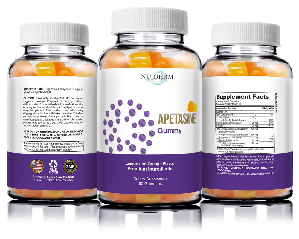 Marketing image of Apetasine gummy bottle and label