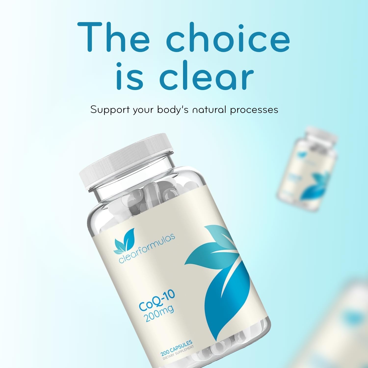 Serving size with glass of water beside CoQ10 capsules