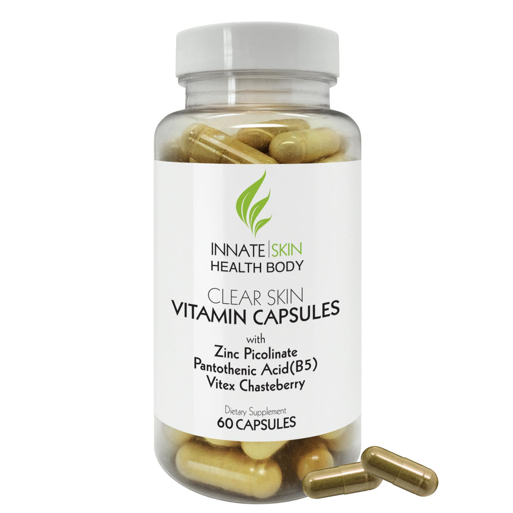 Bottle of Clear Skin Acne Vitamins Capsules Complexion Supplements